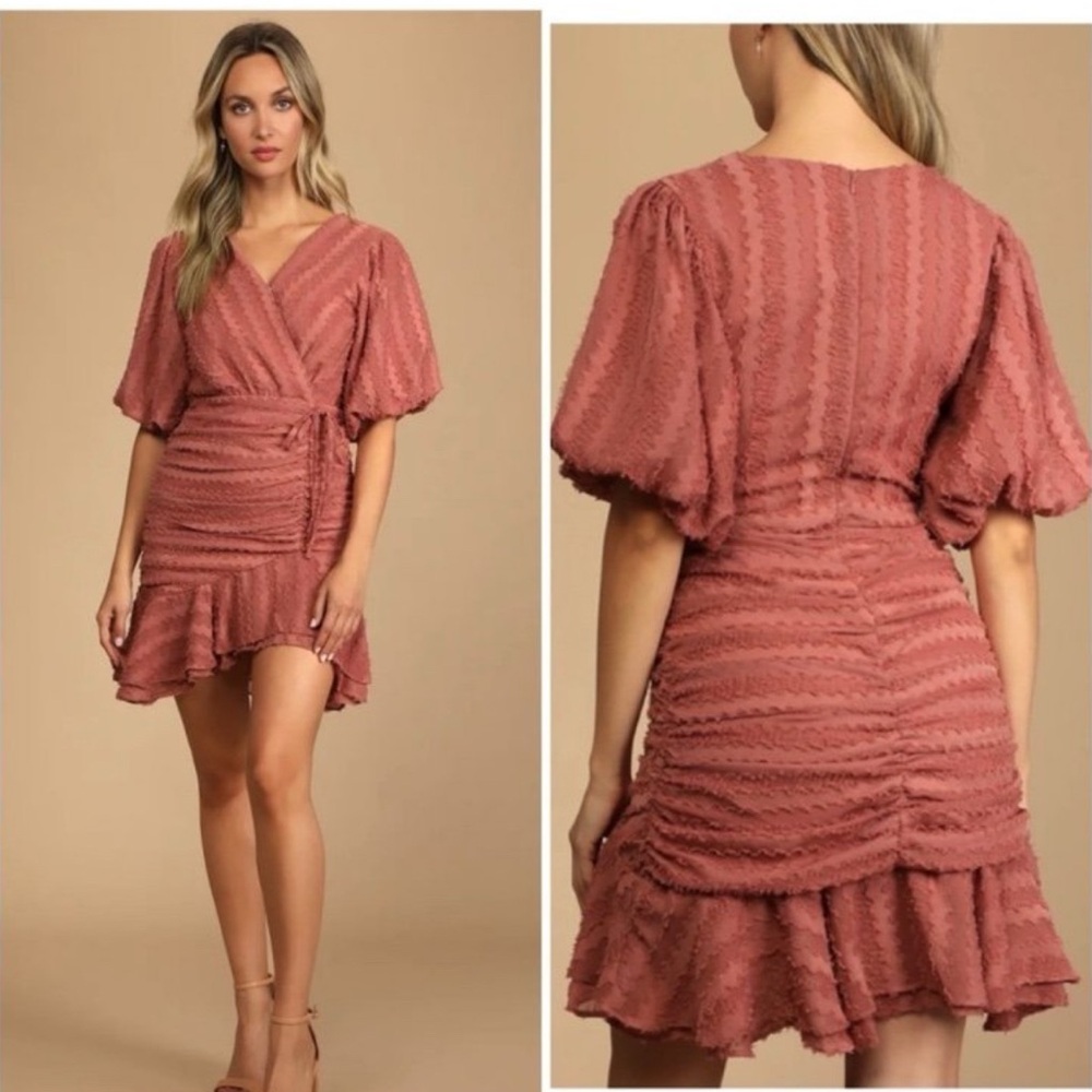 Lulus Cherish This Moment Rusty Rose Ruched Asymmetrical Mini Dress NWT
